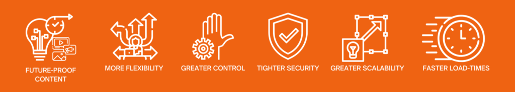 graphic showing icons and benefits of a headless wordpress CMS