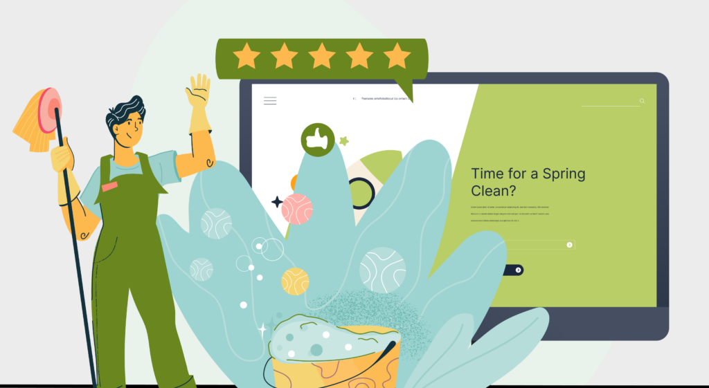 Graphic depicting the need to 'spring clean your website code and files for optimum website sustainability